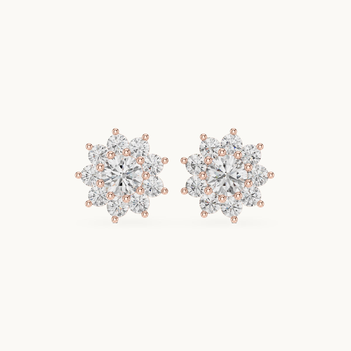 Round lab-grown diamond starburst cluster stud earrings in rose gold, 2.17 CT TW, view 4