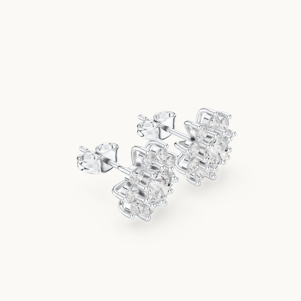 Round lab-grown diamond starburst cluster stud earrings in white gold, 2.17 CT TW, view 1