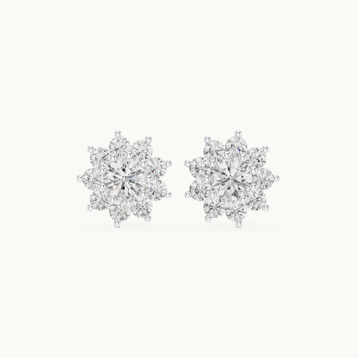 Round lab-grown diamond starburst cluster stud earrings in white gold, 2.17 CT TW, view 4