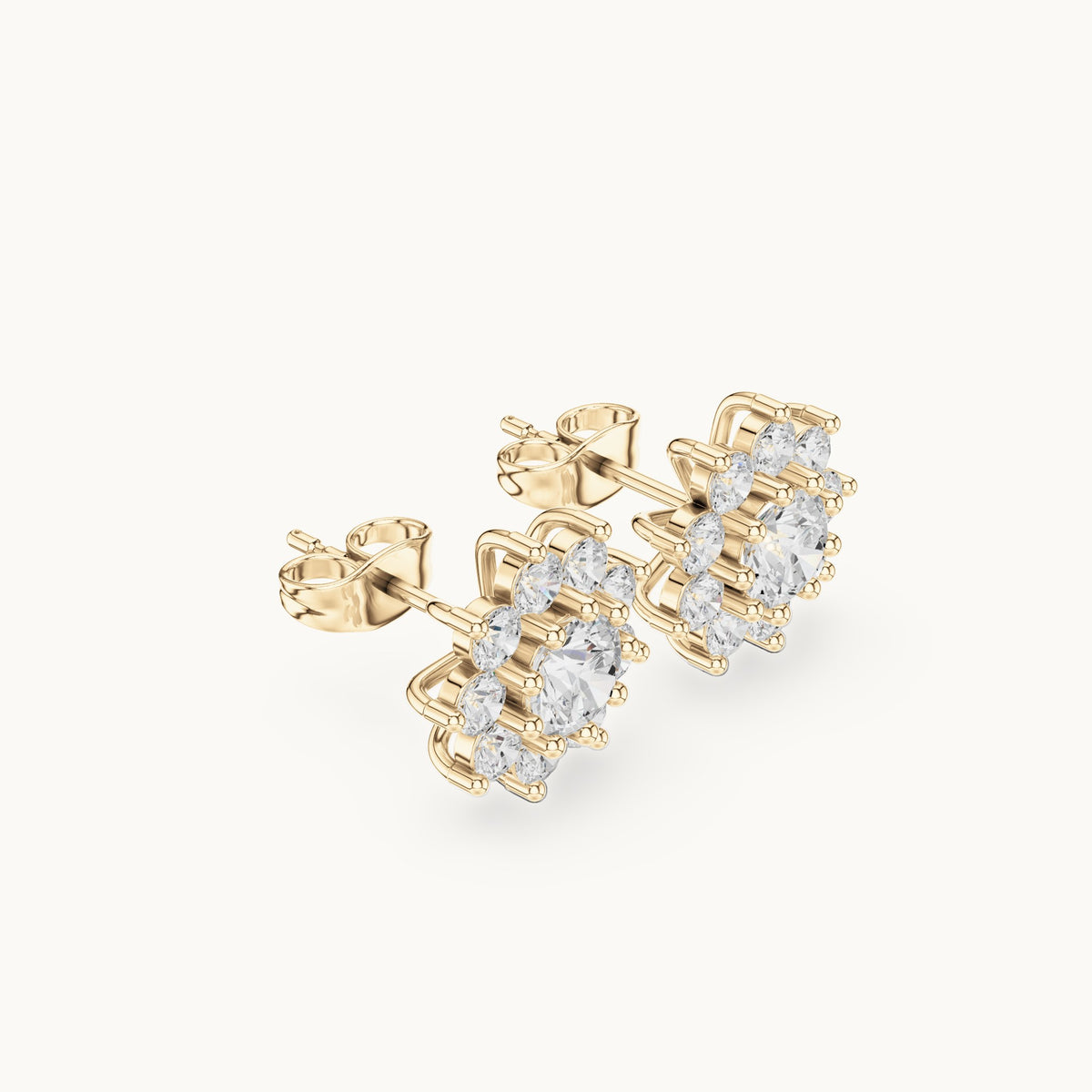 Round lab-grown diamond starburst cluster stud earrings in yellow gold, 2.17 CT TW, view 1