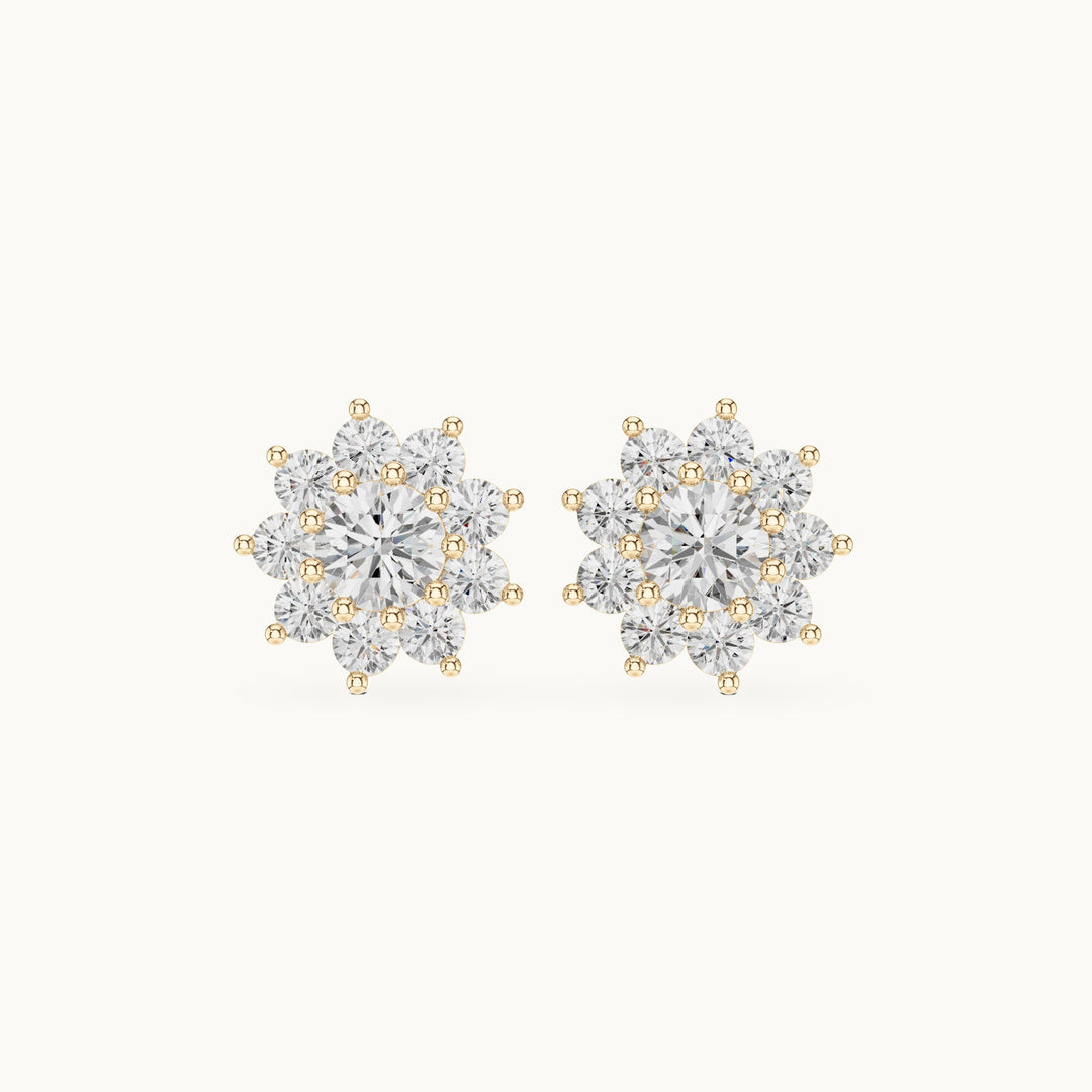 Round lab-grown diamond starburst cluster stud earrings in yellow gold, 2.17 CT TW, view 4