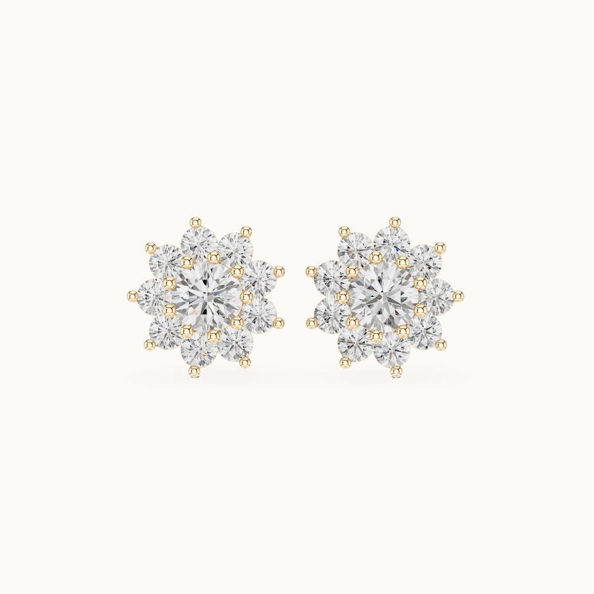 Round lab-grown diamond starburst cluster stud earrings in yellow gold, 2.17 CT TW, view 4