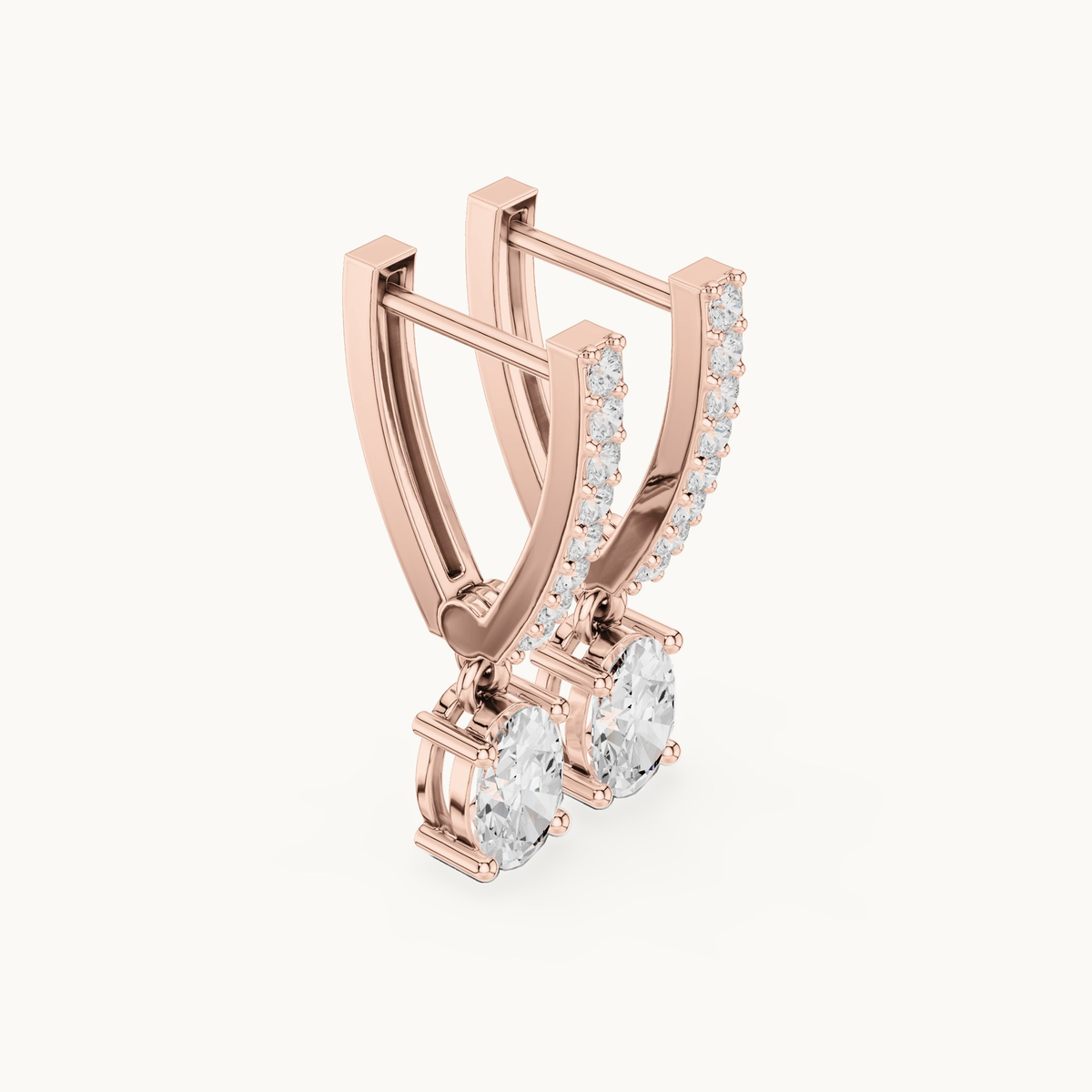 Oval and round lab-grown diamond huggie drop earrings in 14K rose gold, 1.28 CT TW, view 1