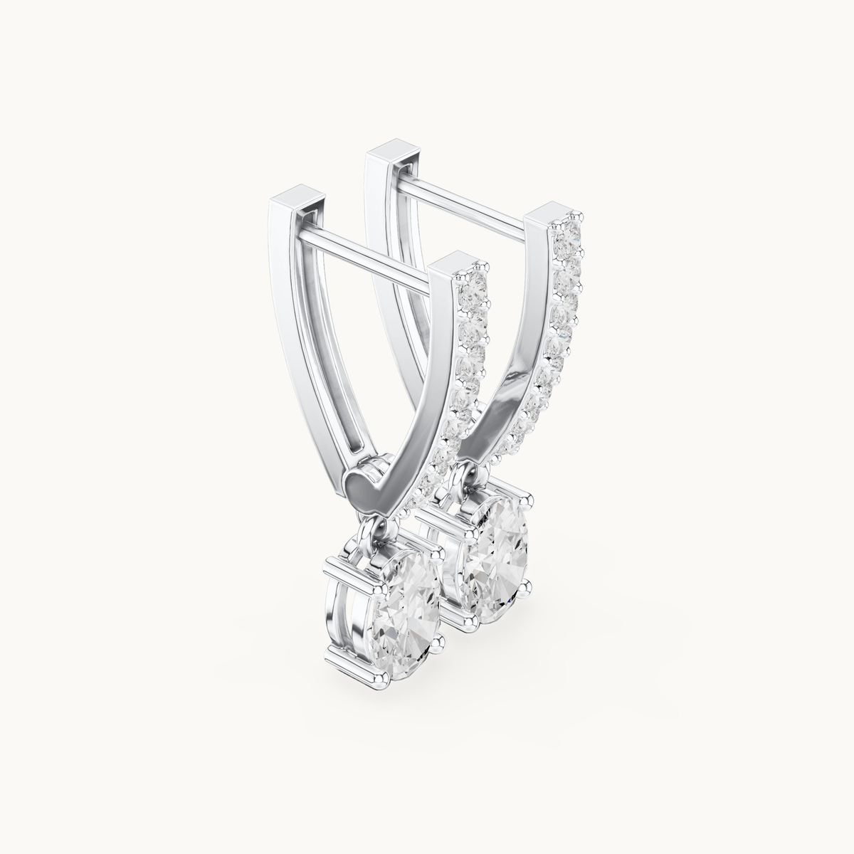Oval and round lab-grown diamond huggie drop earrings in 14K white gold, 1.28 CT TW, view 1