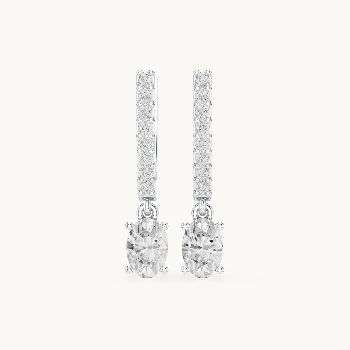 Oval and round lab-grown diamond huggie drop earrings in 14K white gold, 1.28 CT TW, view 4