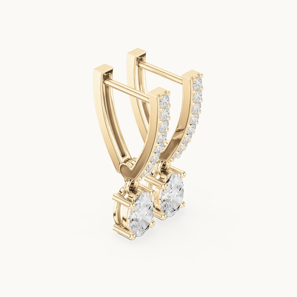 Oval and round lab-grown diamond huggie drop earrings in 14K yellow gold, 1.28 CT TW, view 1