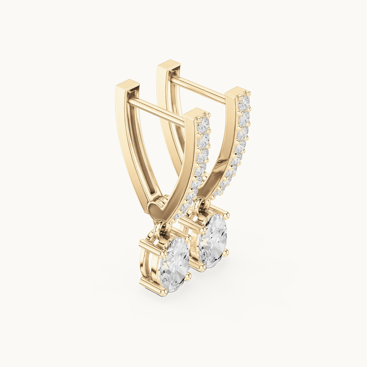 Oval and round lab-grown diamond huggie drop earrings in 14K yellow gold, 1.28 CT TW, view 1