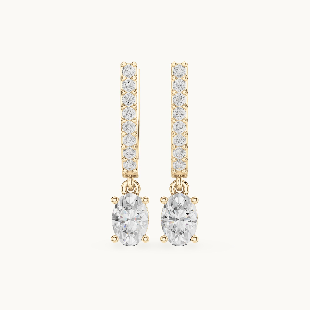 Oval and round lab-grown diamond huggie drop earrings in 14K yellow gold, 1.28 CT TW, view 4