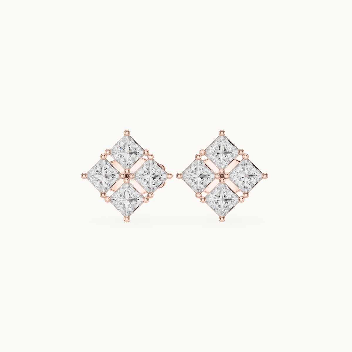 Princess-cut lab-grown diamond cluster stud earrings in 14K rose gold, 0.30 CT TW, view 4
