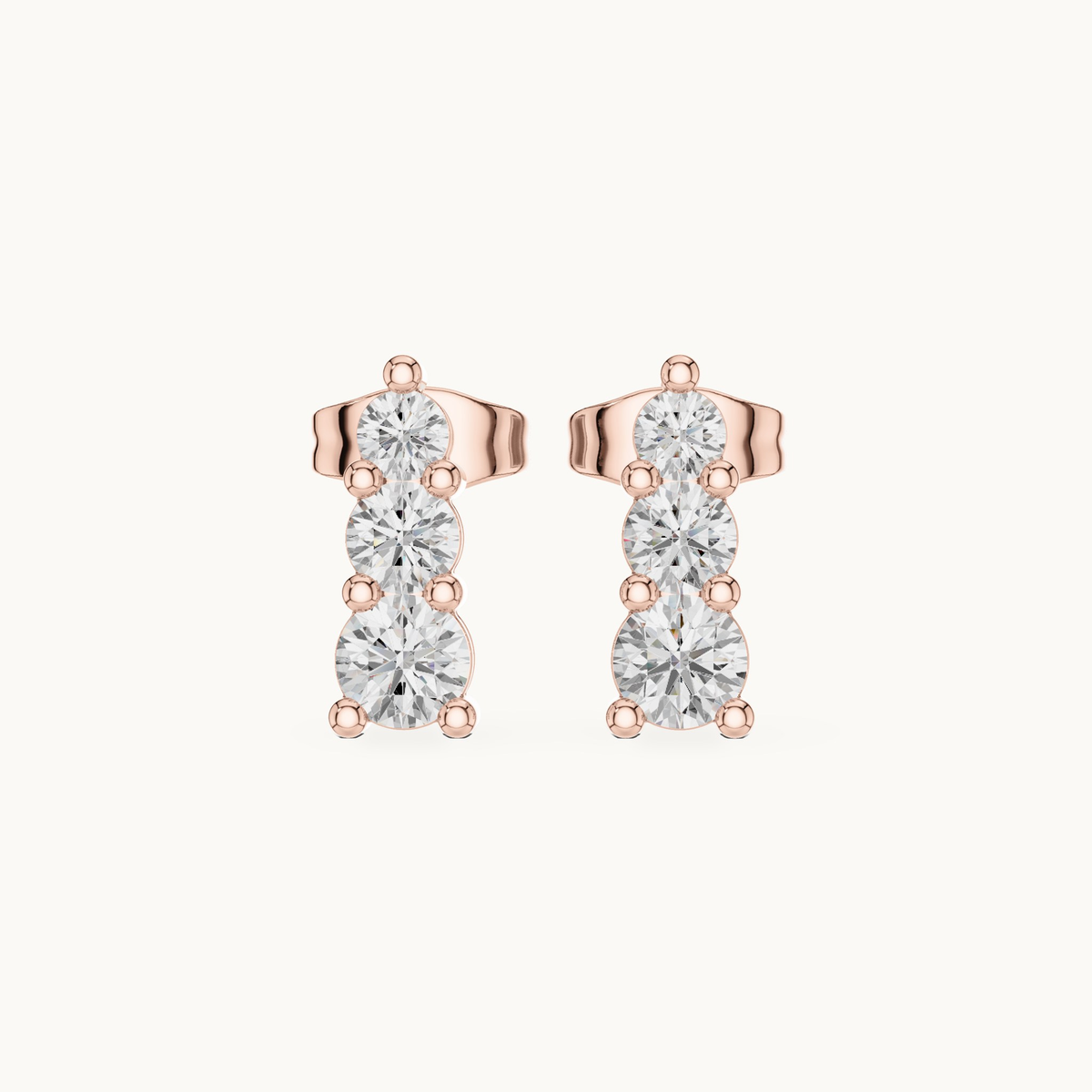 Round lab-grown diamond three stone drop earrings in 14K rose gold, 0.87 CT TW, view 4