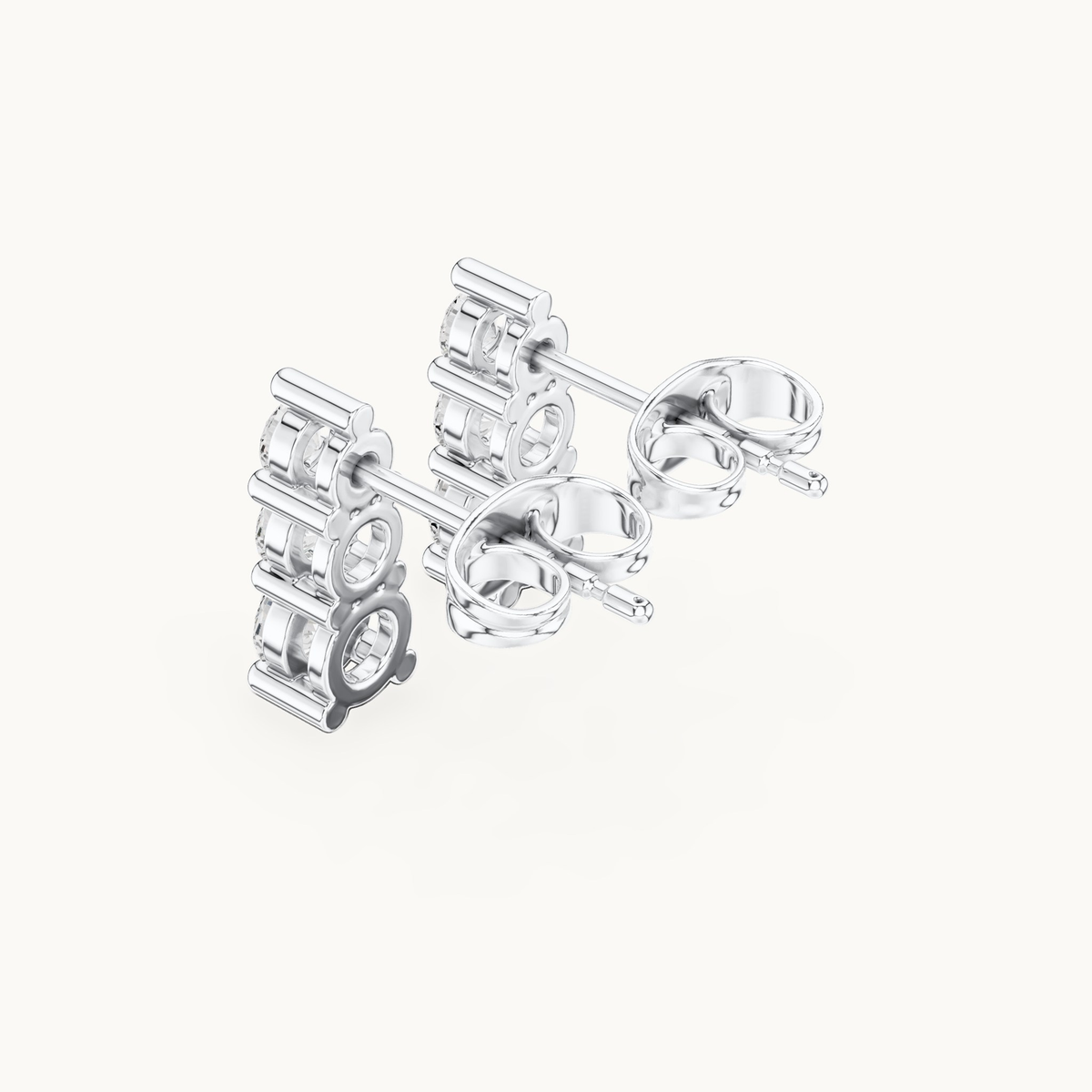 Round lab-grown diamond three stone drop earrings in 14K white gold, 0.87 CT TW, view 2