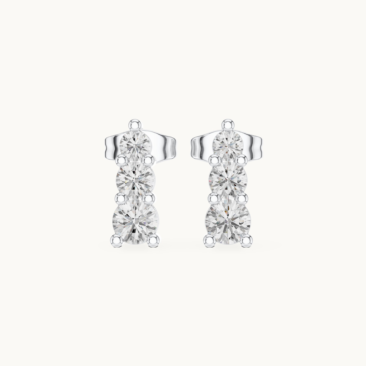 Round lab-grown diamond three stone drop earrings in 14K white gold, 0.87 CT TW, view 4