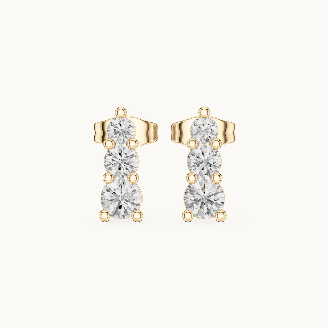 Round lab-grown diamond three stone drop earrings in 14K yellow gold, 0.87 CT TW, view 4