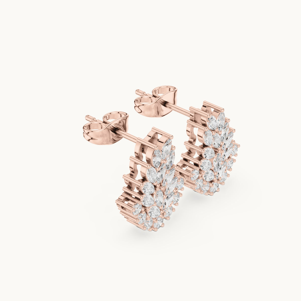 Marquise and round lab-grown diamond fern cluster stud earrings in rose gold, 0.80 CT TW, view 1