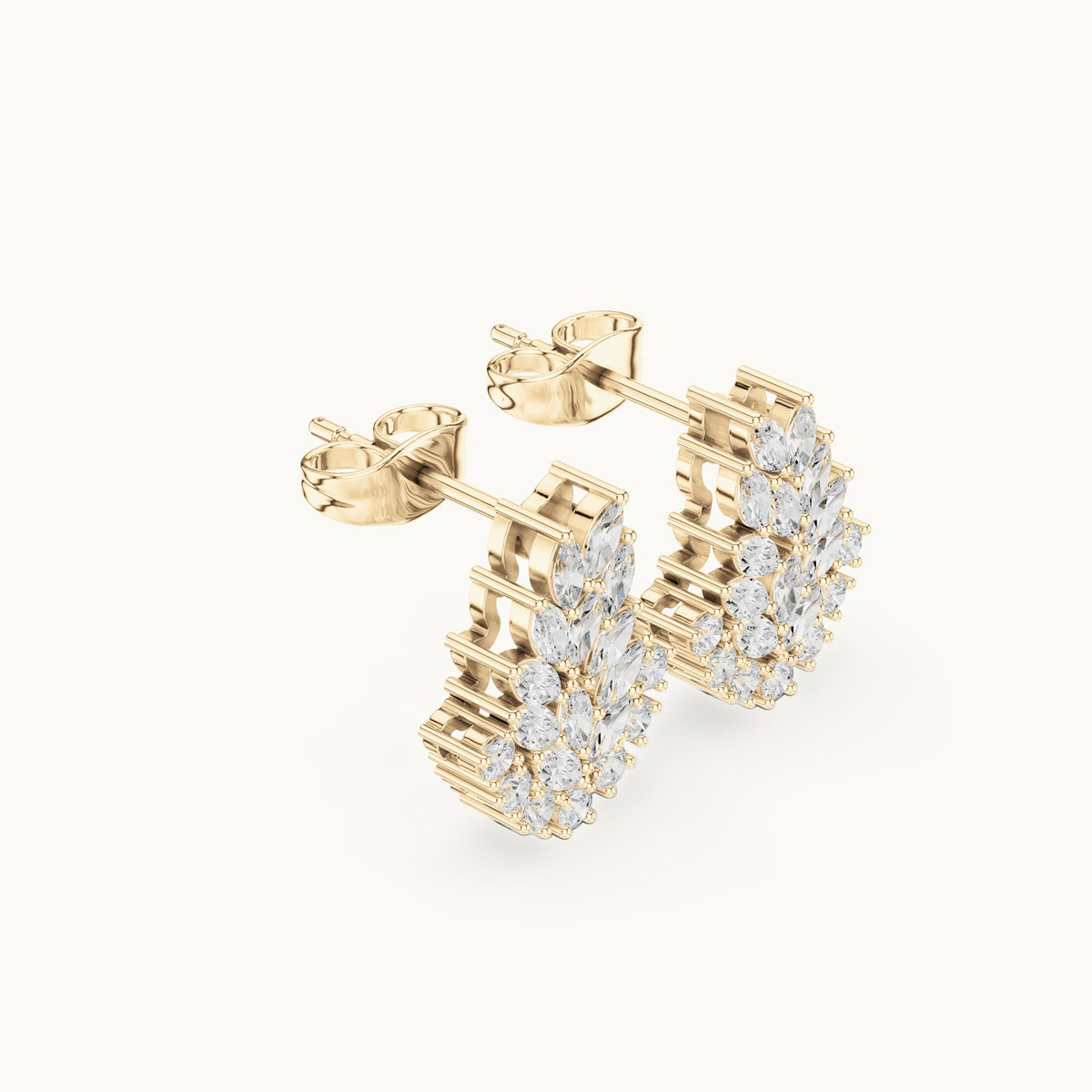 Marquise and round lab-grown diamond fern cluster stud earrings in yellow gold, 0.80 CT TW, view 1