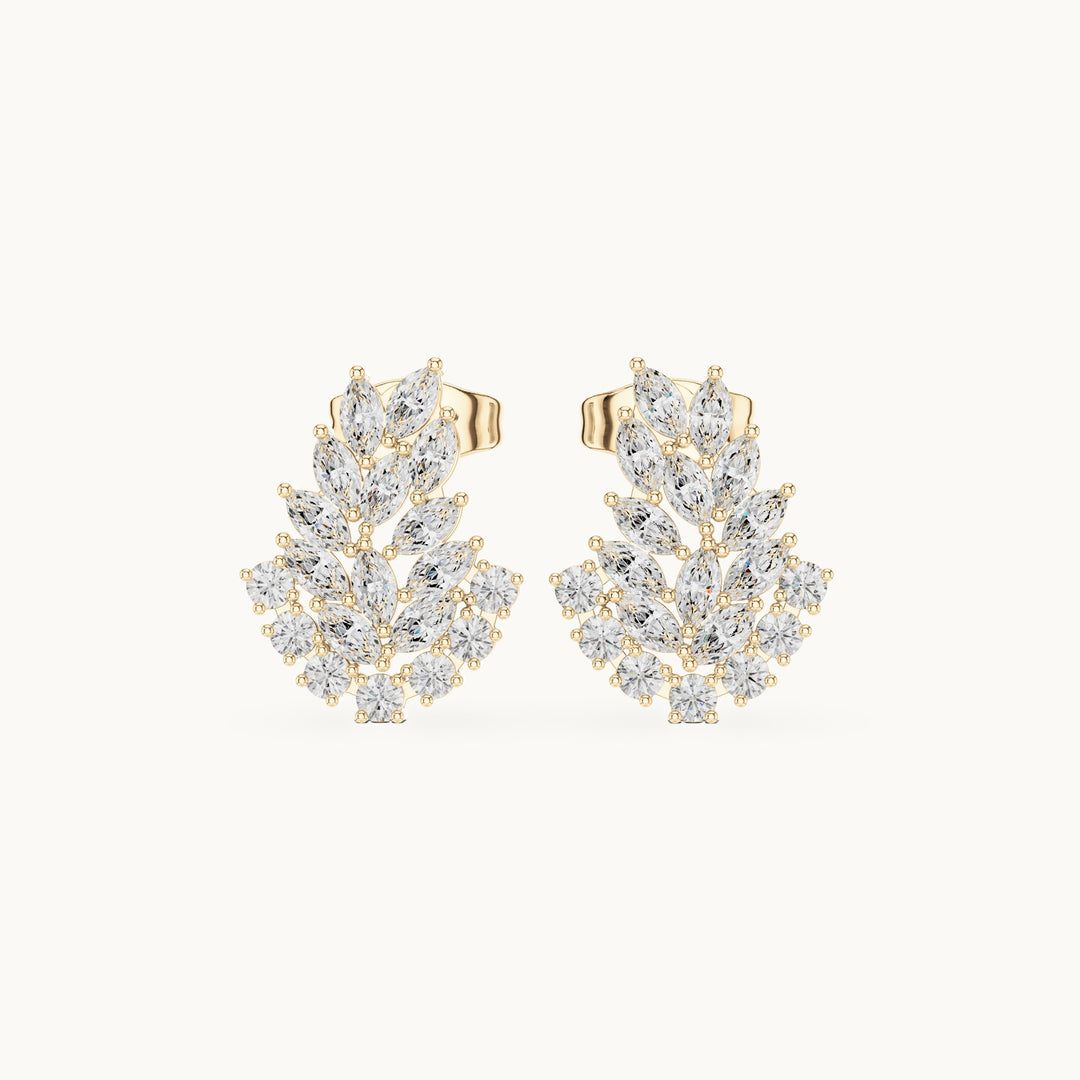 Marquise and round lab-grown diamond fern cluster stud earrings in yellow gold, 0.80 CT TW, view 4