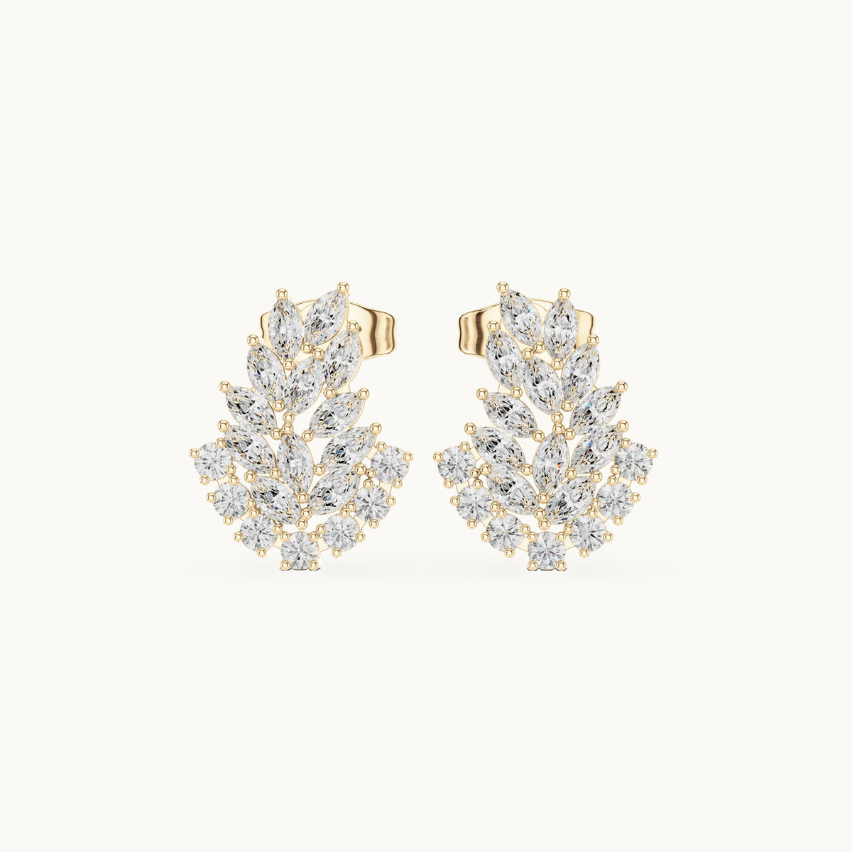 Marquise and round lab-grown diamond fern cluster stud earrings in yellow gold, 0.80 CT TW, view 4