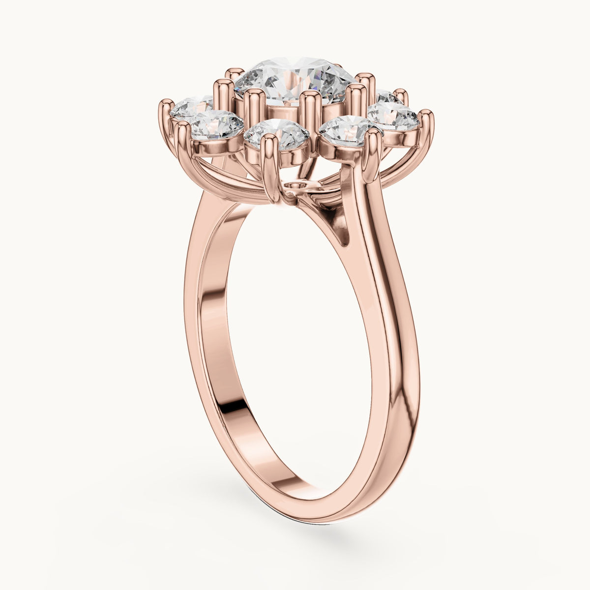 Round lab-grown diamond flower cluster ring in rose gold, 2.47 CT TW, view 1