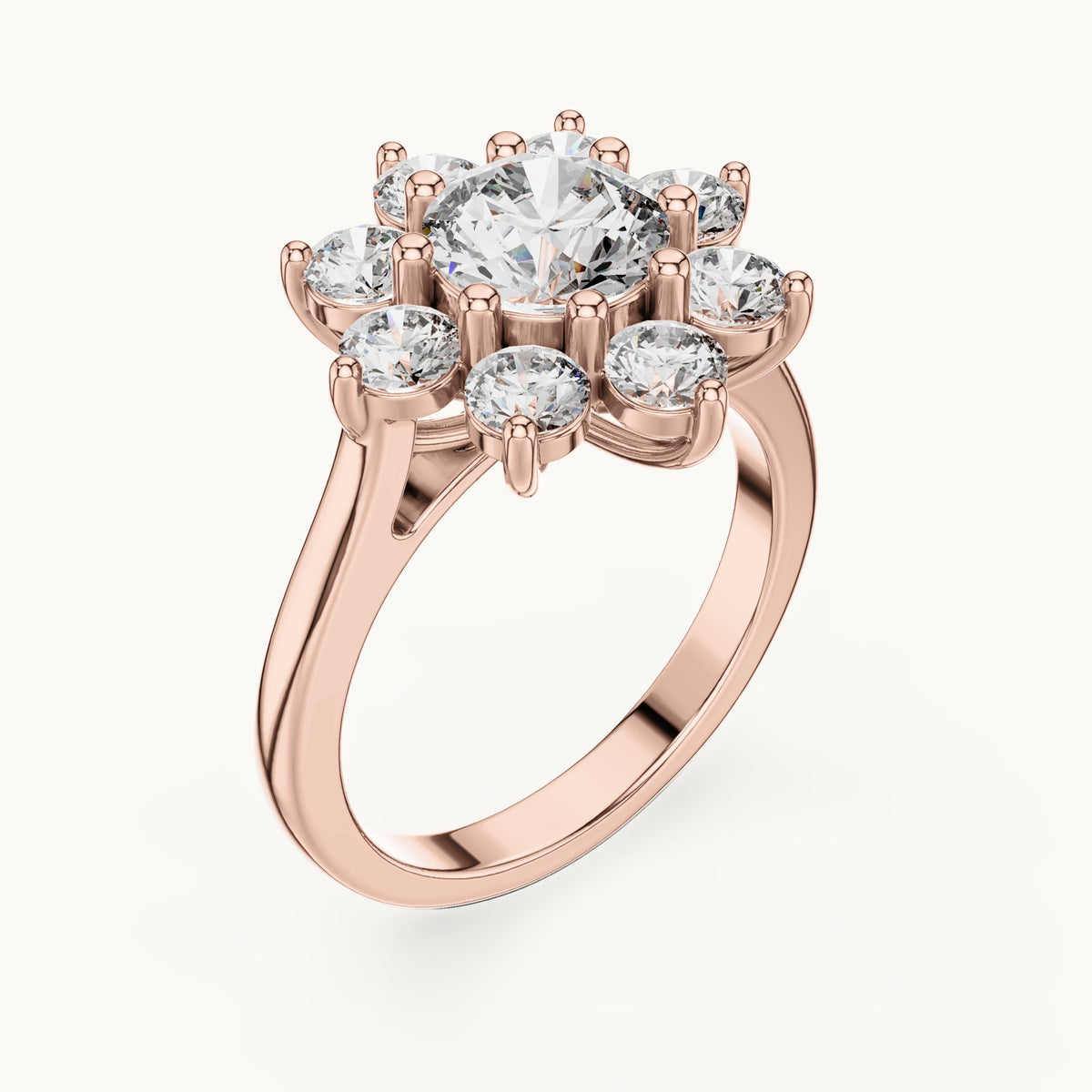 Round lab-grown diamond flower cluster ring in rose gold, 2.47 CT TW, view 2