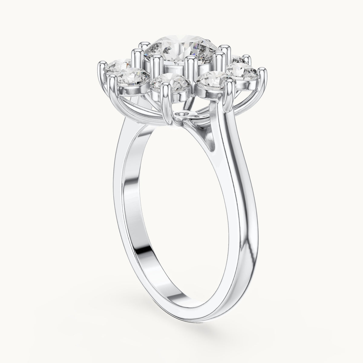 Round lab-grown diamond flower cluster ring in white gold, 2.47 CT TW, view 1