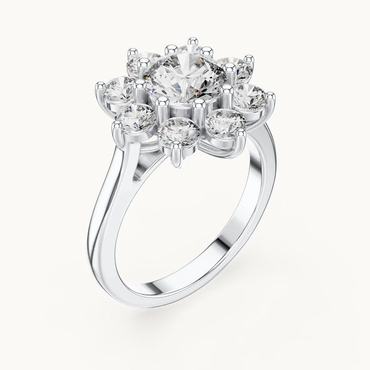 Round lab-grown diamond flower cluster ring in white gold, 2.47 CT TW, view 2