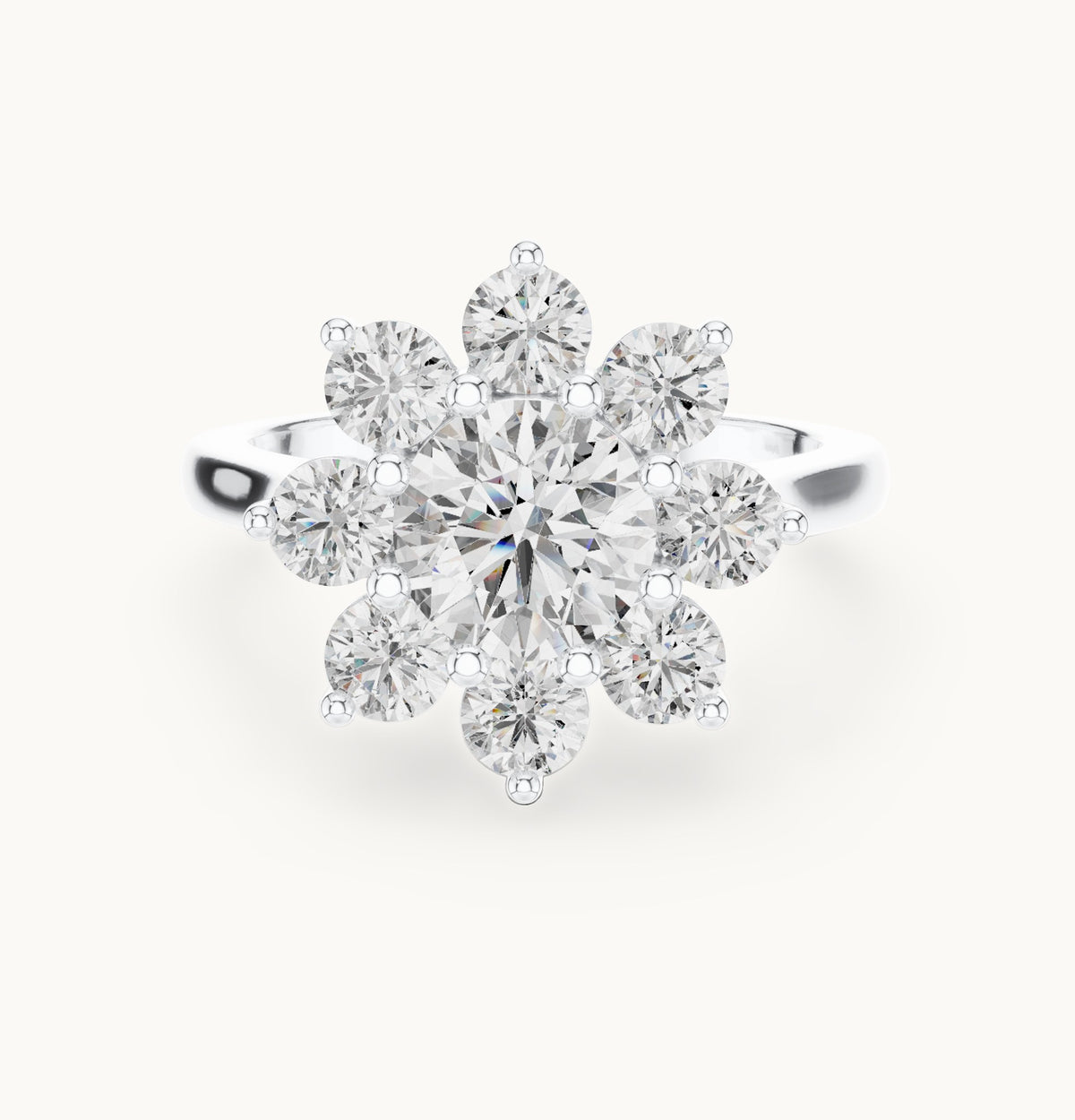 Round lab-grown diamond flower cluster ring in white gold, 2.47 CT TW, view 4