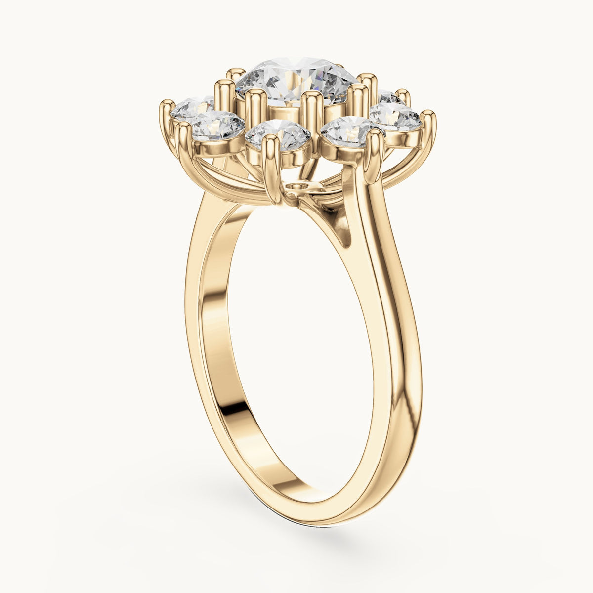 Round lab-grown diamond flower cluster ring in yellow gold, 2.47 CT TW, view 1