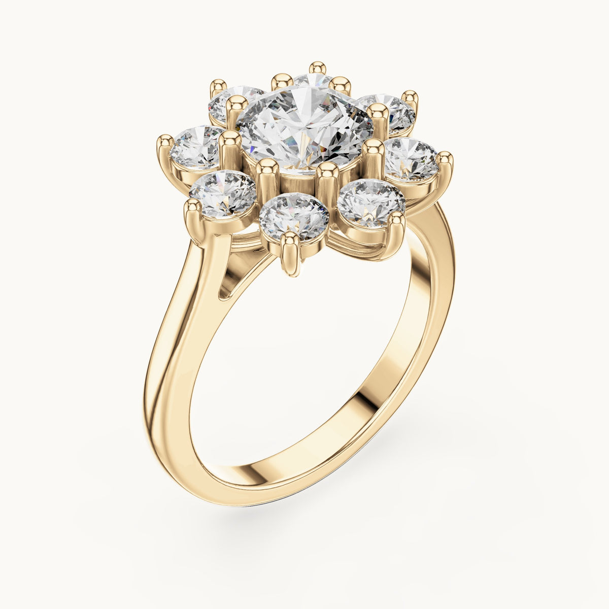 Round lab-grown diamond flower cluster ring in yellow gold, 2.47 CT TW, view 2