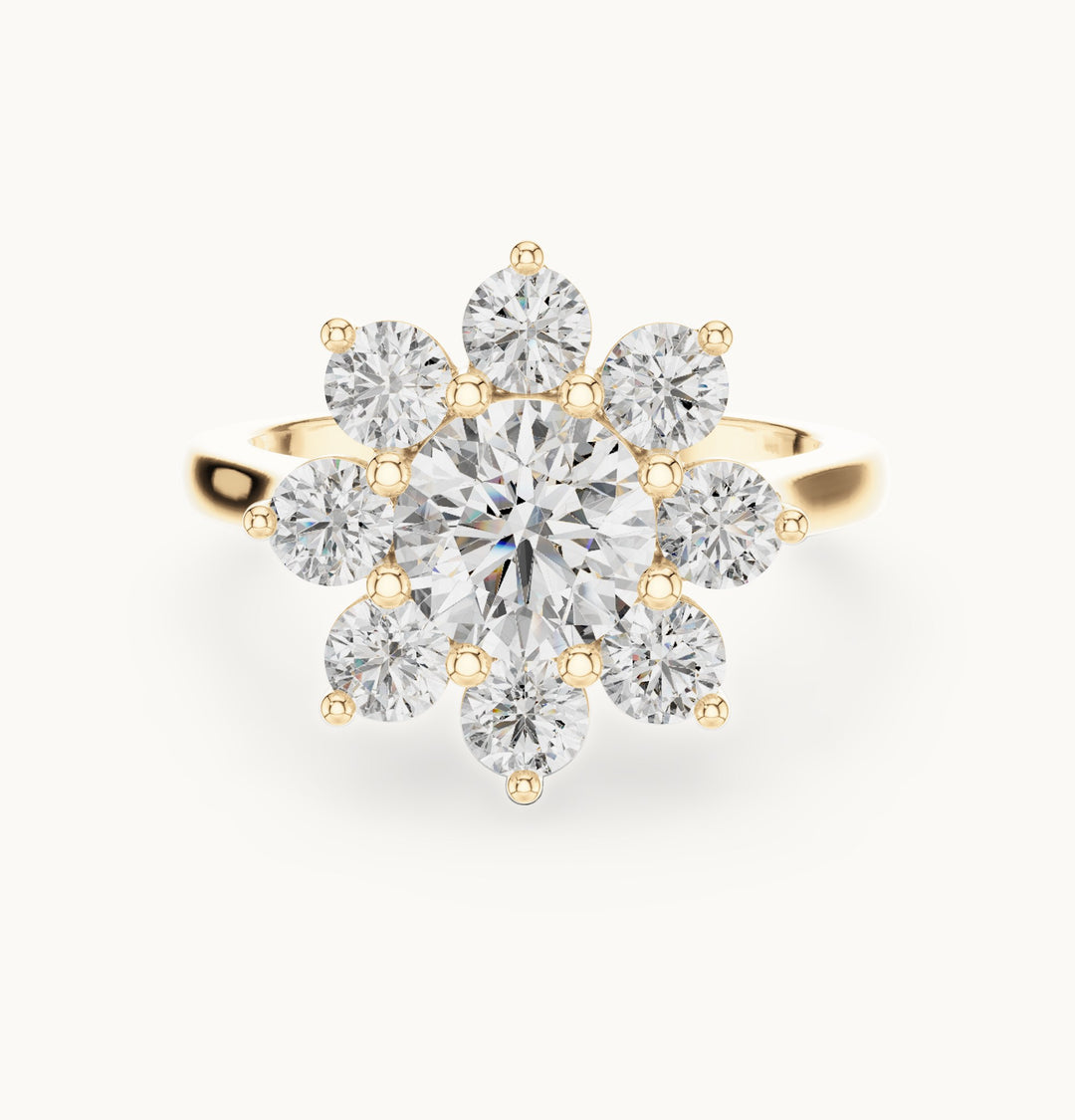 Round lab-grown diamond flower cluster ring in yellow gold, 2.47 CT TW, view 4