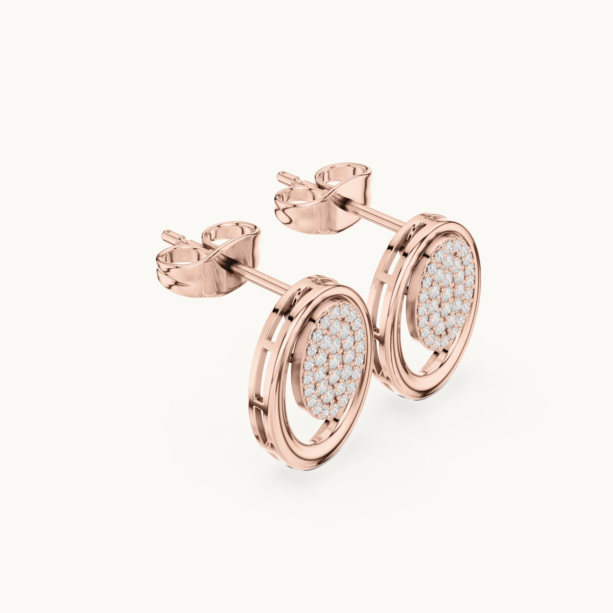 Round lab-grown diamond pave oval disc stud earrings in rose gold, 0.232 CT TW, view 1