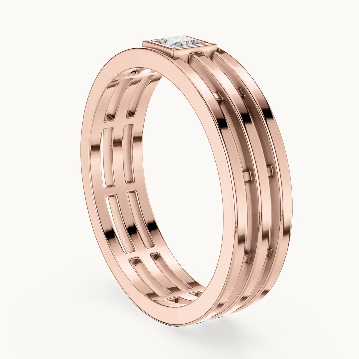 Princess-cut lab-grown diamond men's triple row ring in rose gold, 0.15 CT TW, view 1