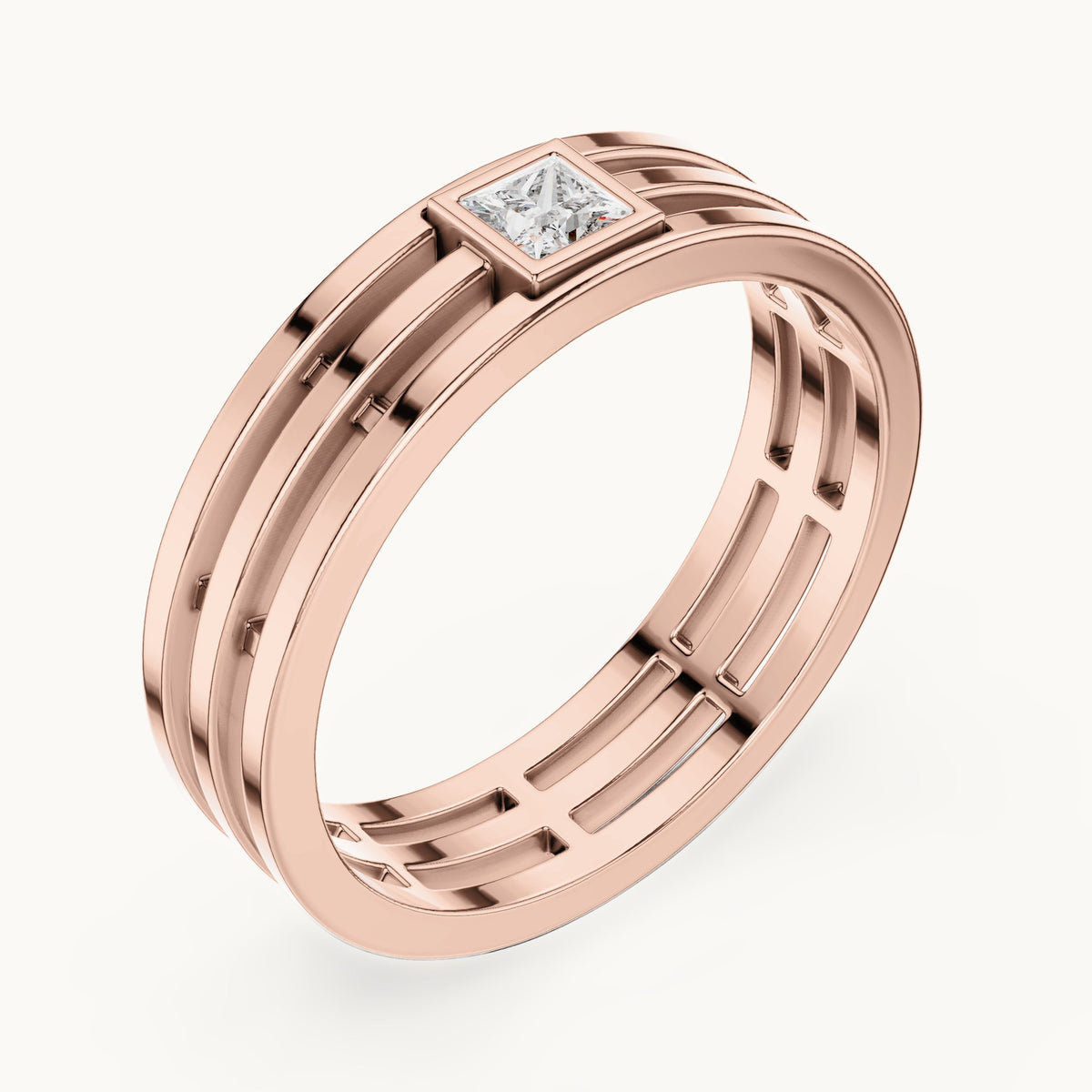 Princess-cut lab-grown diamond men's triple row ring in rose gold, 0.15 CT TW, view 2
