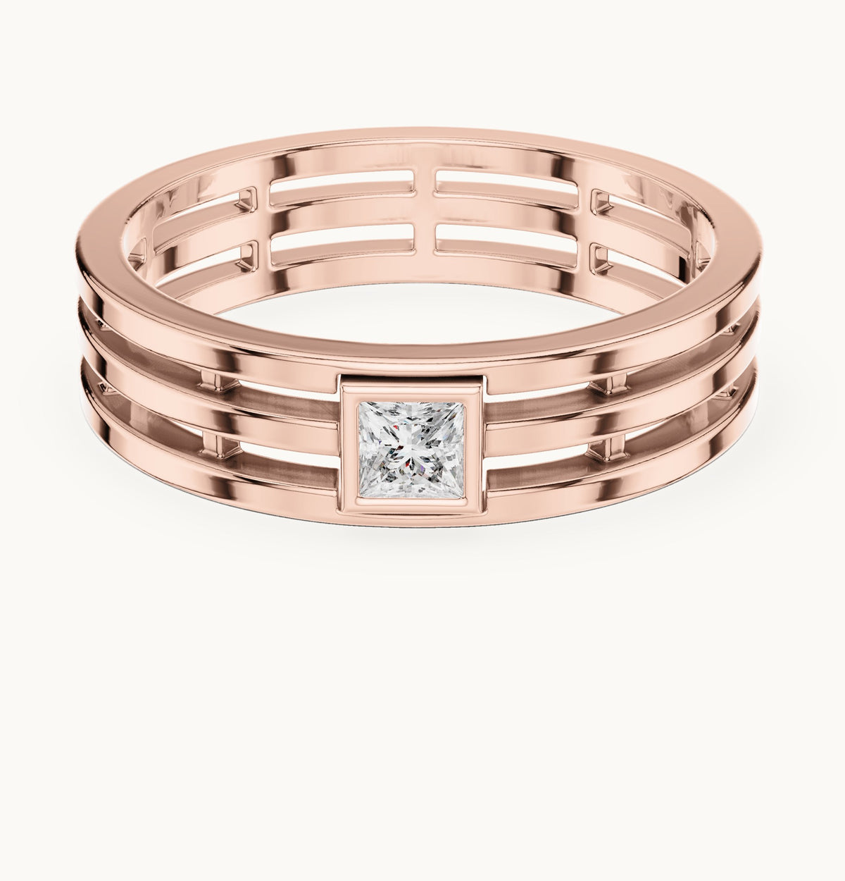Princess-cut lab-grown diamond men's triple row ring in rose gold, 0.15 CT TW, view 4