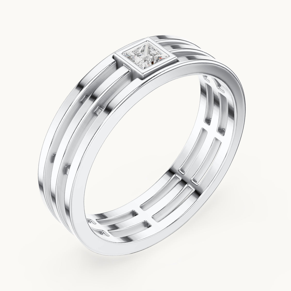 Princess-cut lab-grown diamond men's triple row ring in white gold, 0.15 CT TW, view 2