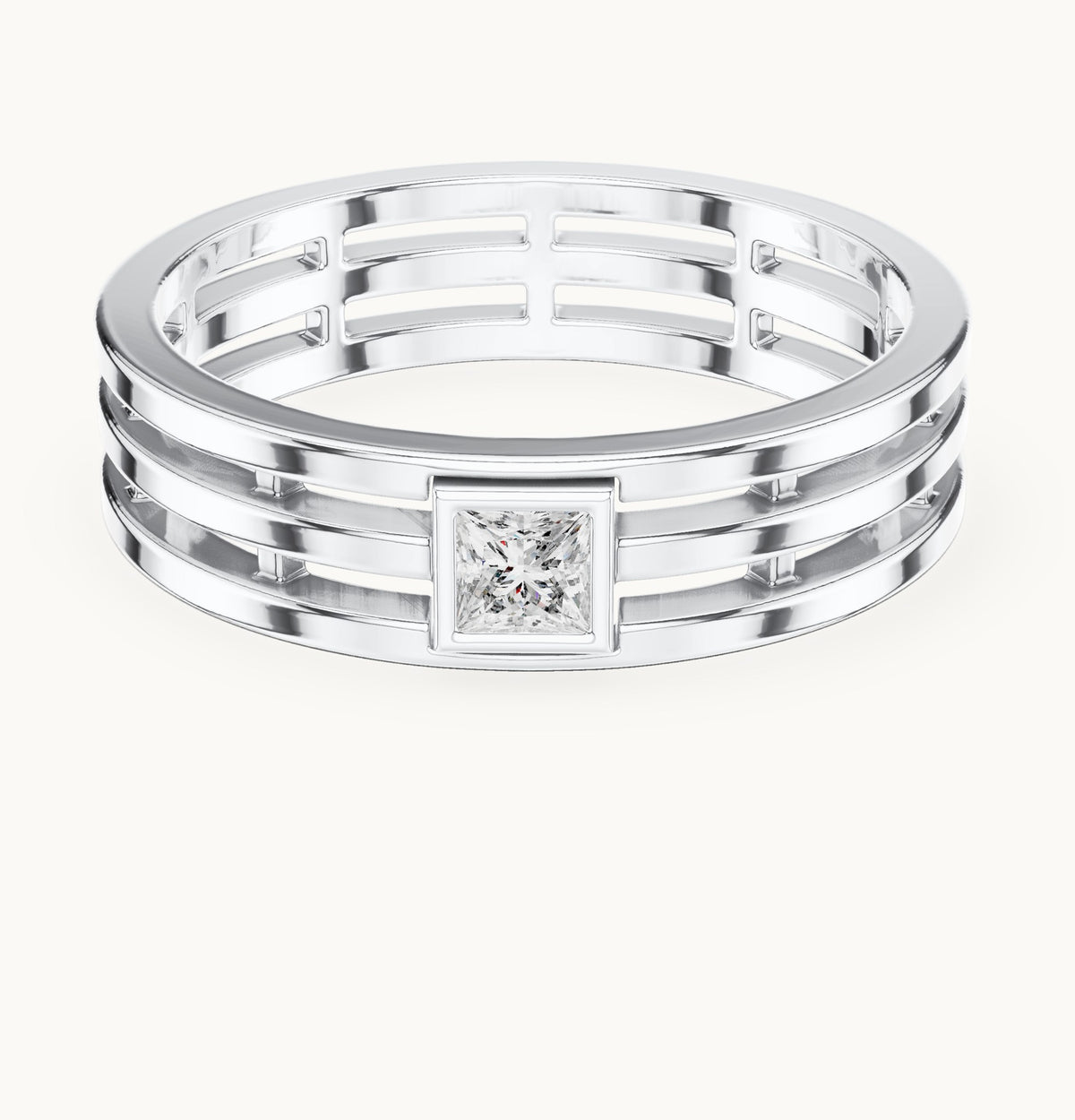 Princess-cut lab-grown diamond men's triple row ring in white gold, 0.15 CT TW, view 4