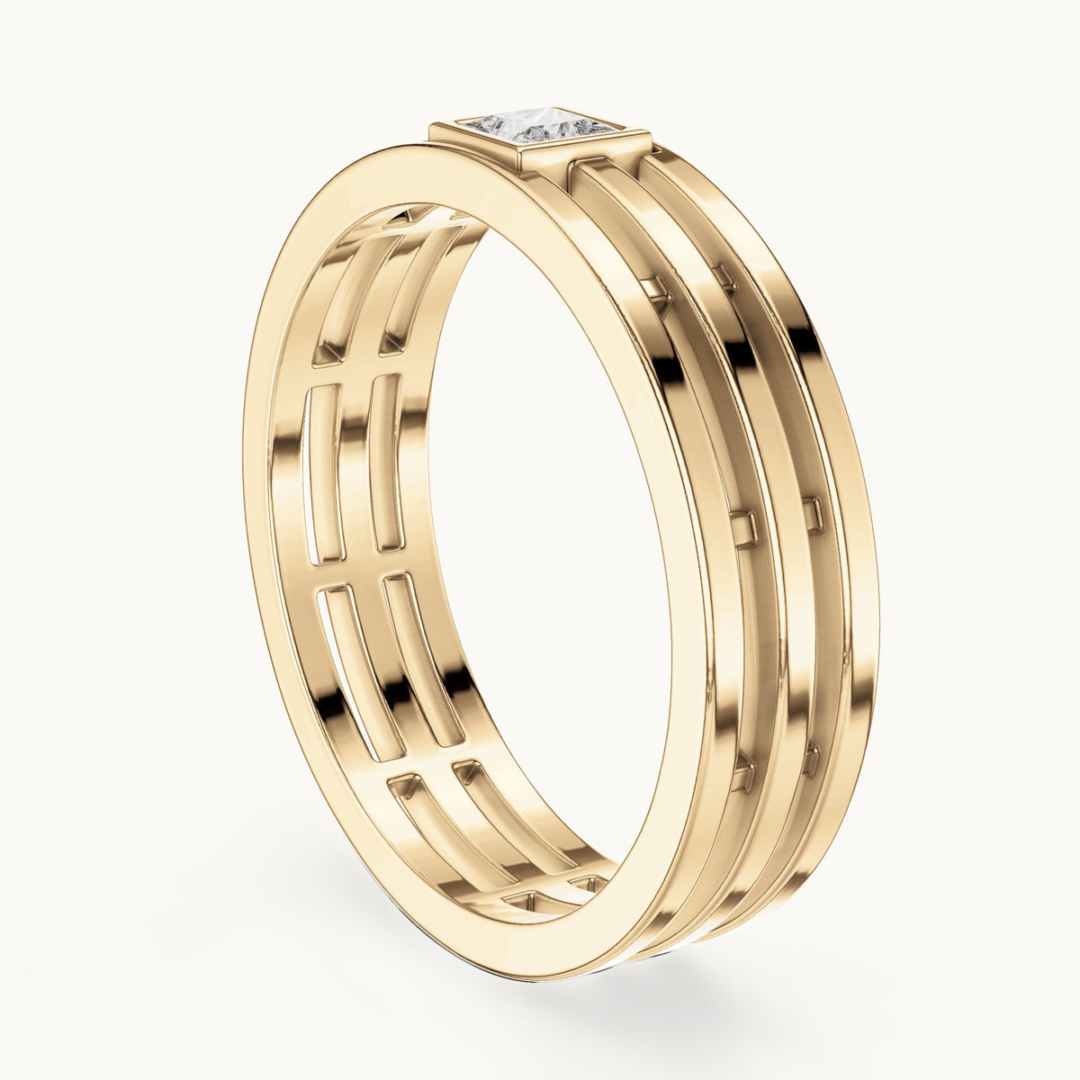 Princess-cut lab-grown diamond men's triple row ring in yellow gold, 0.15 CT TW, view 1