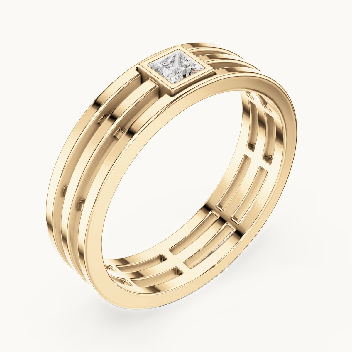 Princess-cut lab-grown diamond men's triple row ring in yellow gold, 0.15 CT TW, view 2
