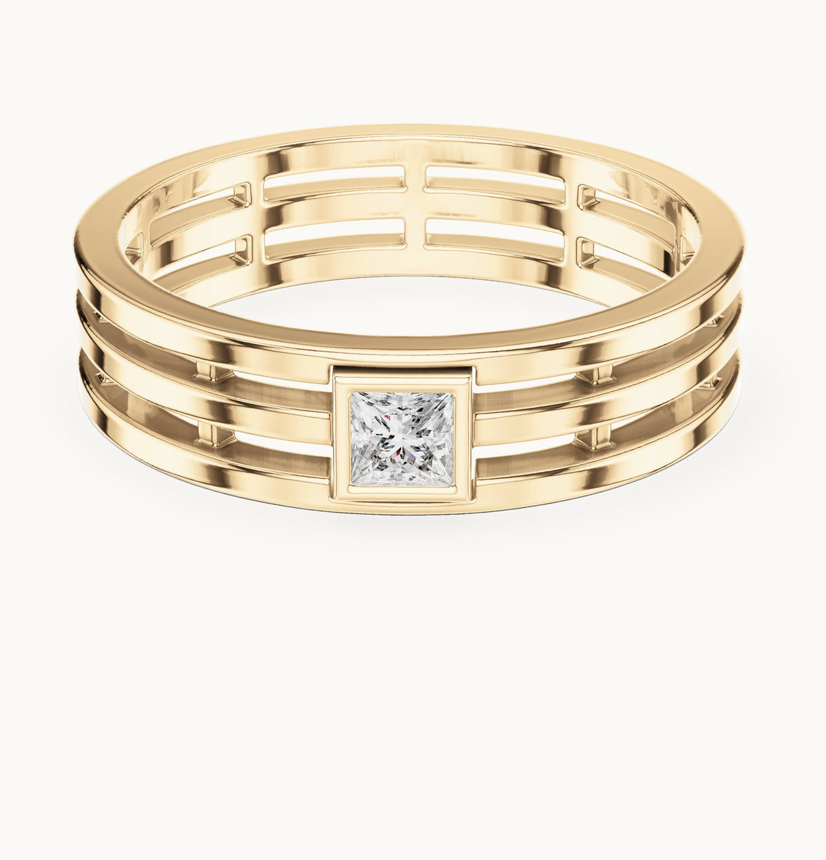 Princess-cut lab-grown diamond men's triple row ring in yellow gold, 0.15 CT TW, view 4