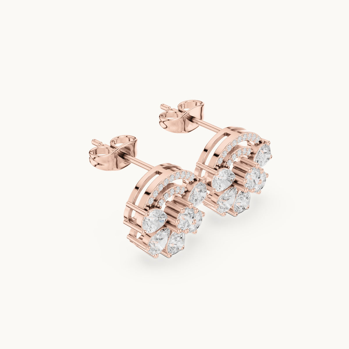 Pear and round lab-grown diamond fan cluster stud earrings in rose gold, 1.66 CT TW, view 1