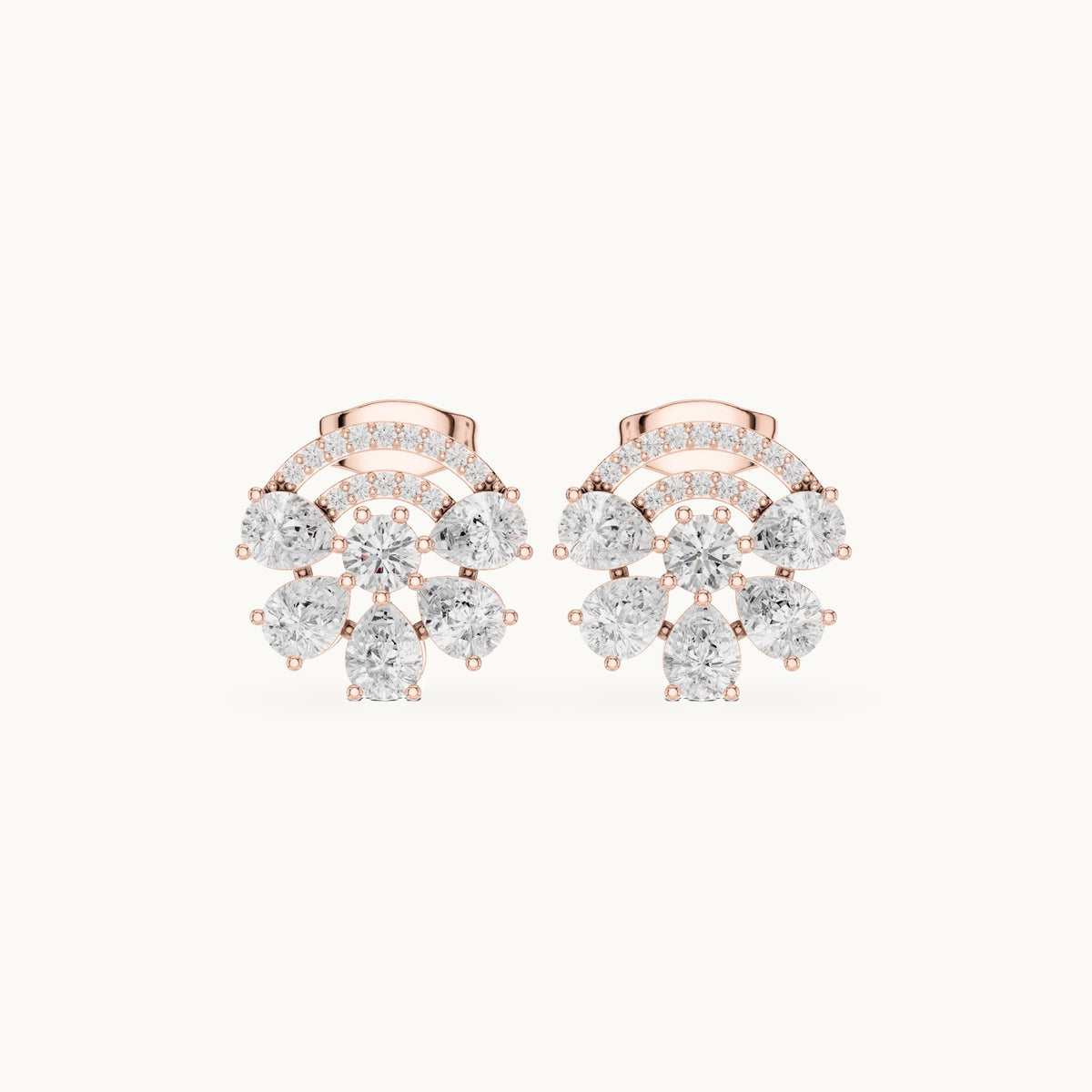Pear and round lab-grown diamond fan cluster stud earrings in rose gold, 1.66 CT TW, view 4