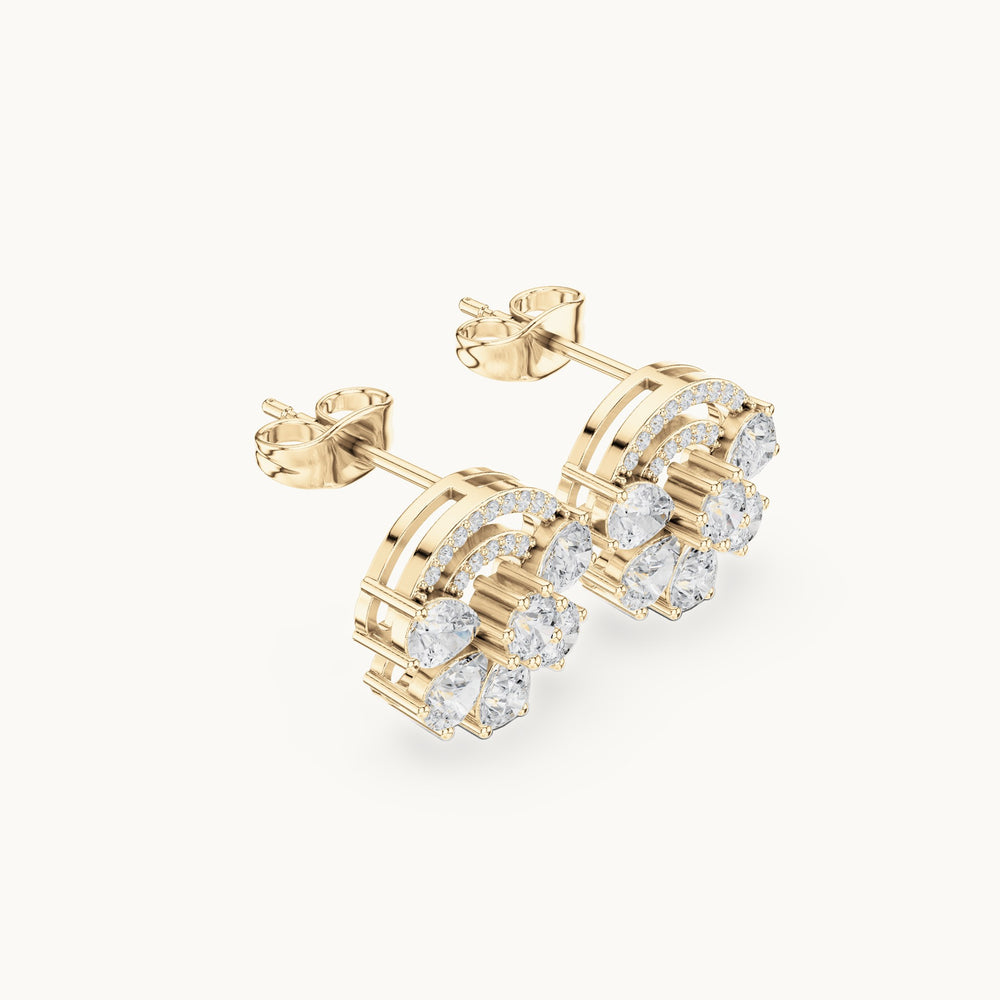 Pear and round lab-grown diamond fan cluster stud earrings in yellow gold, 1.66 CT TW, view 1
