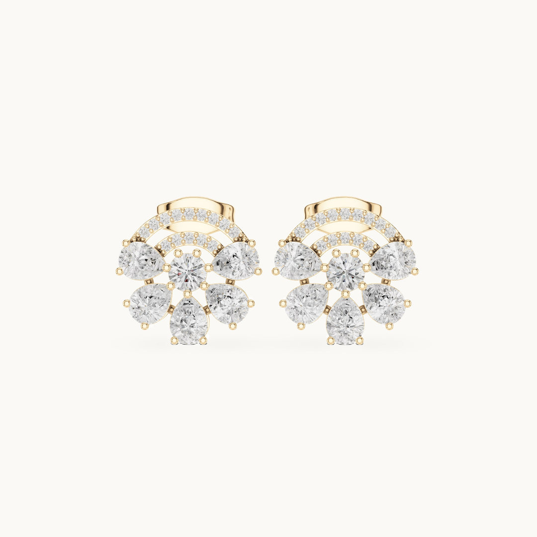 Pear and round lab-grown diamond fan cluster stud earrings in yellow gold, 1.66 CT TW, view 4