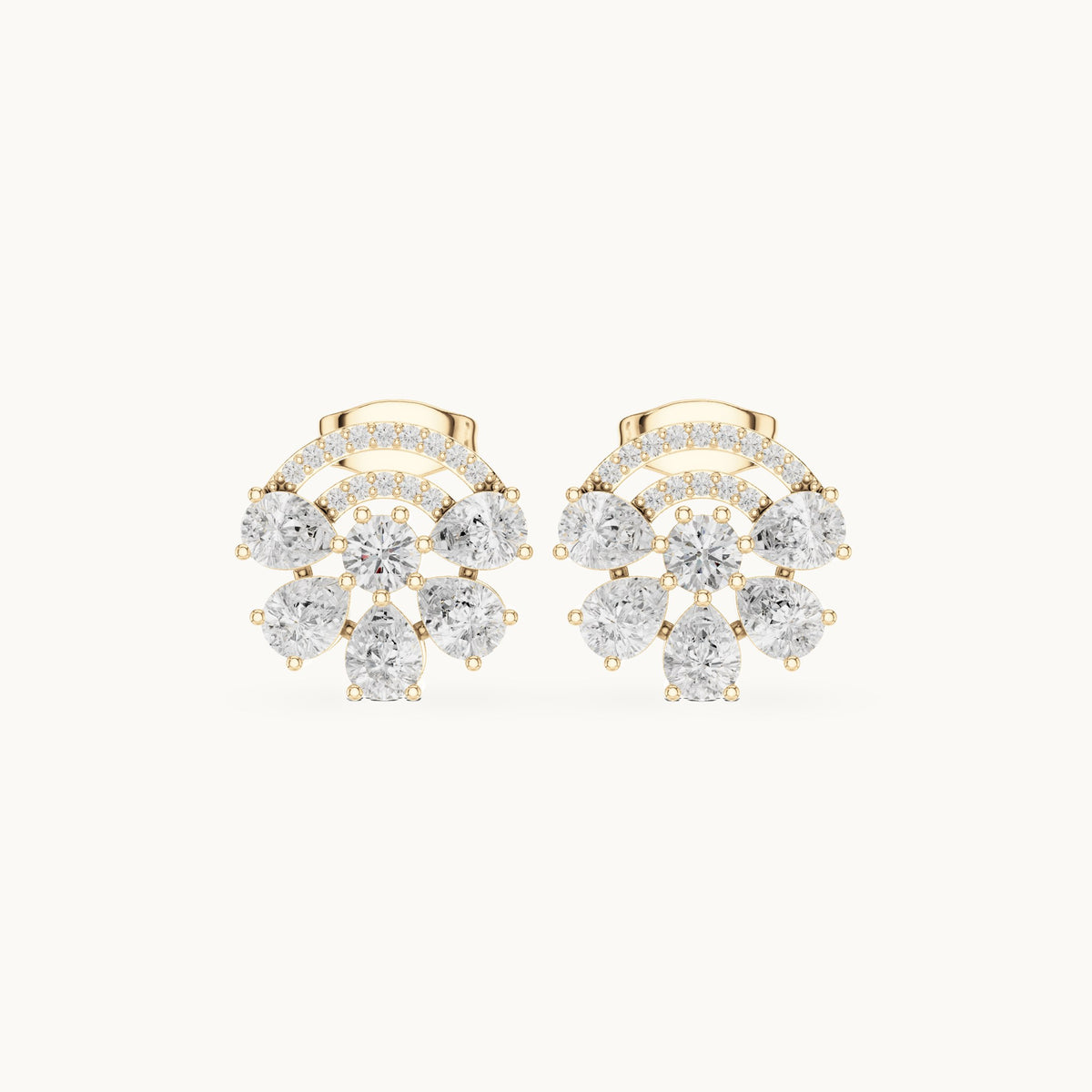 Pear and round lab-grown diamond fan cluster stud earrings in yellow gold, 1.66 CT TW, view 4