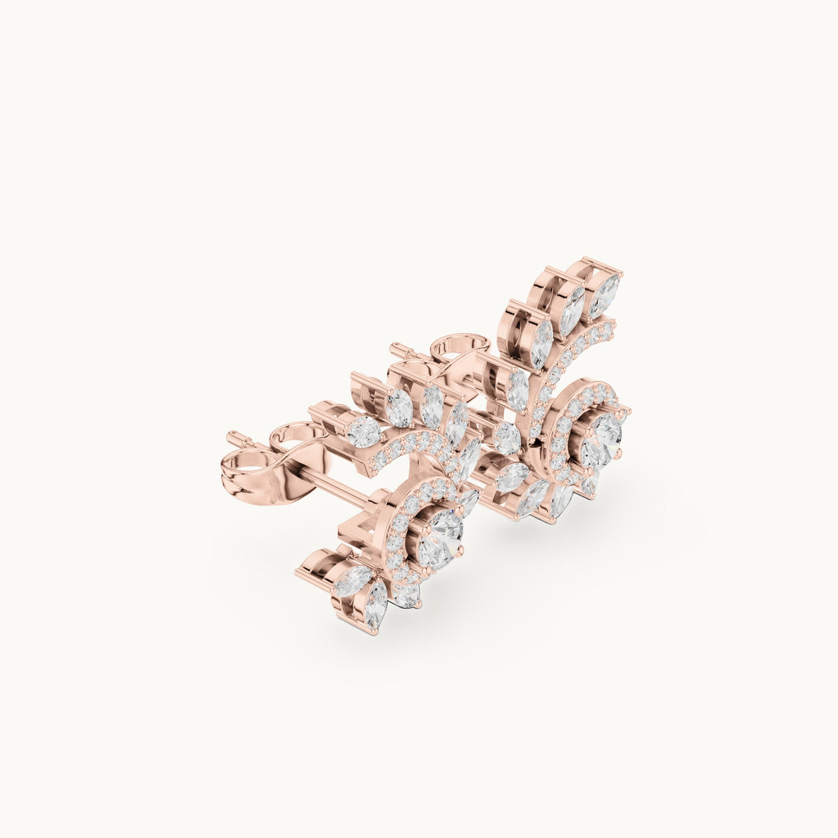 Marquise and round lab-grown diamond leaf swirl halo stud earrings in rose gold, 0.99 CT TW, view 1