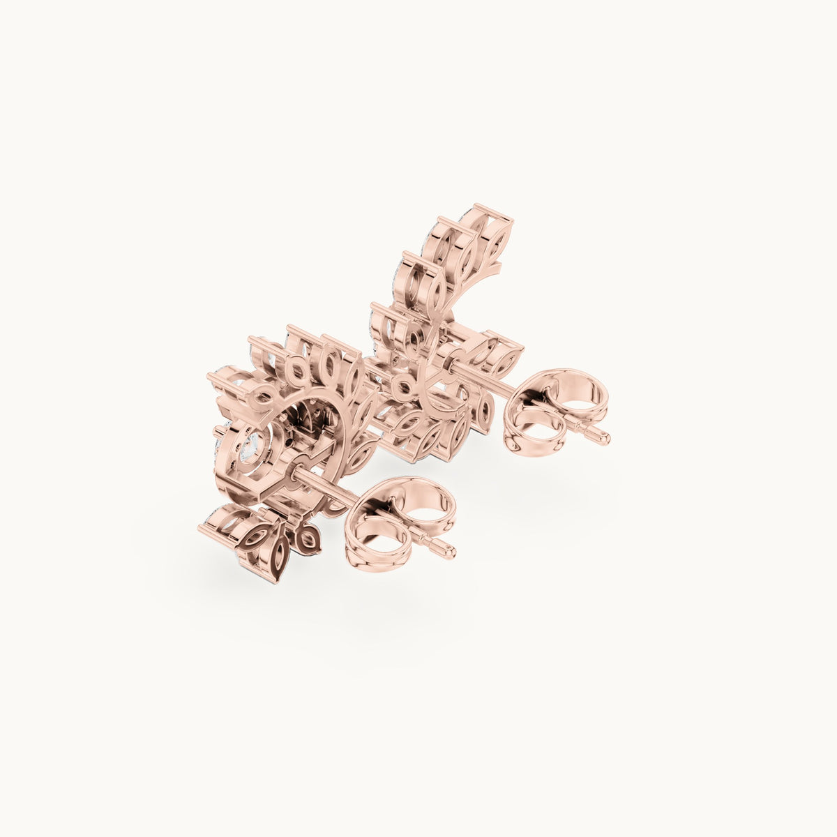 Marquise and round lab-grown diamond leaf swirl halo stud earrings in rose gold, 0.99 CT TW, view 2