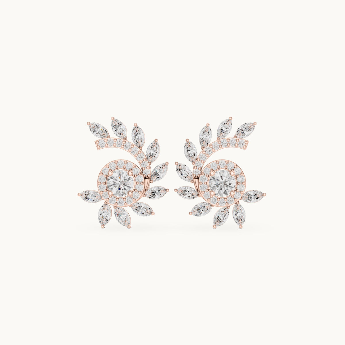 Marquise and round lab-grown diamond leaf swirl halo stud earrings in rose gold, 0.99 CT TW, view 4