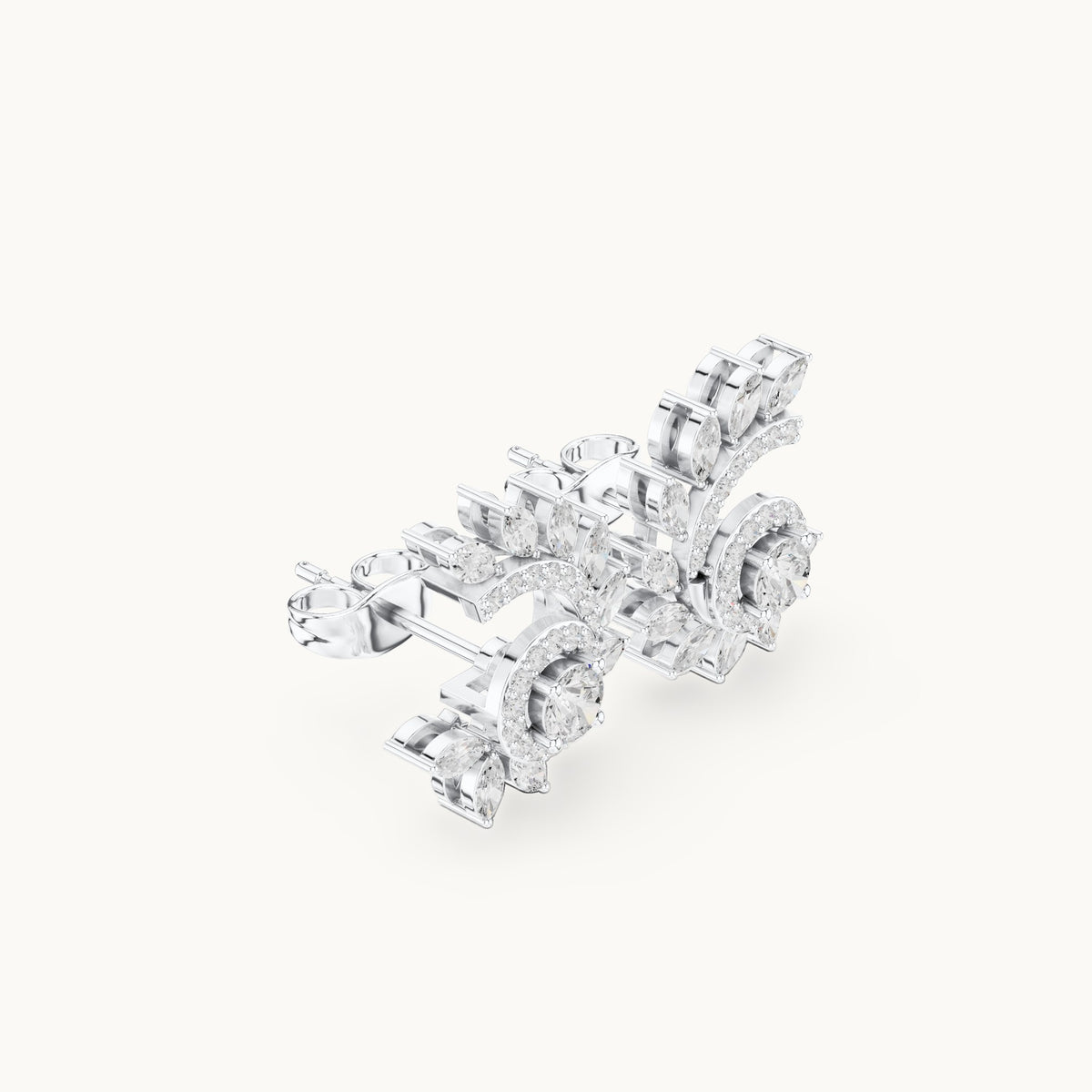 Marquise and round lab-grown diamond leaf swirl halo stud earrings in white gold, 0.99 CT TW, view 1