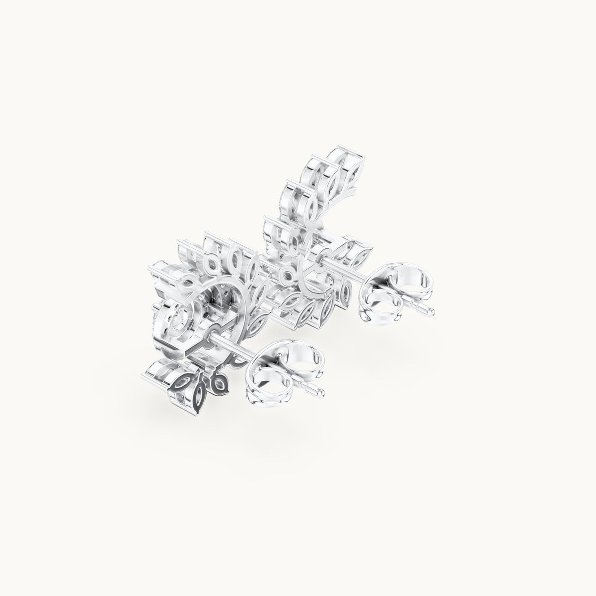 Marquise and round lab-grown diamond leaf swirl halo stud earrings in white gold, 0.99 CT TW, view 2
