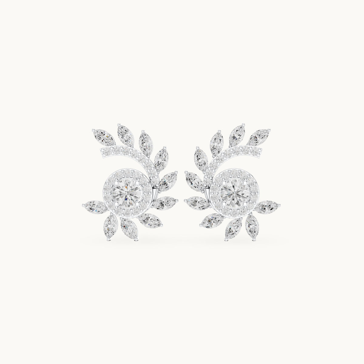 Marquise and round lab-grown diamond leaf swirl halo stud earrings in white gold, 0.99 CT TW, view 4