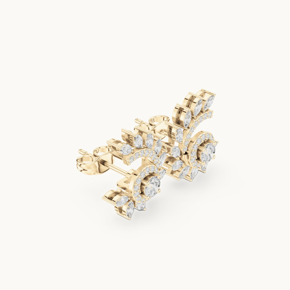 Marquise and round lab-grown diamond leaf swirl halo stud earrings in yellow gold, 0.99 CT TW, view 1